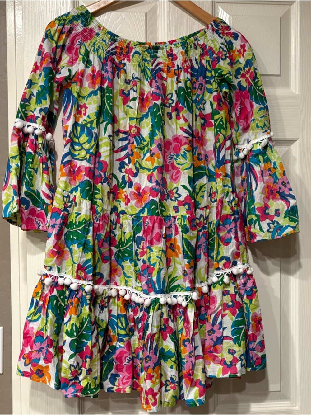 TRUE DESTINATIONS Colorful Off Shoulder Mini Dress Size Small Resort Tropical